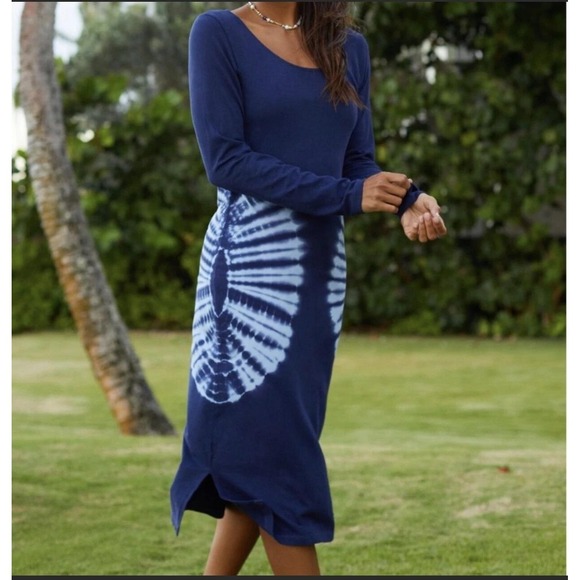 Daily Practice by Anthropologie‎ Navy Tie-Dye Long Sleeve Midi Dress NWT-L - Picture 2 of 11